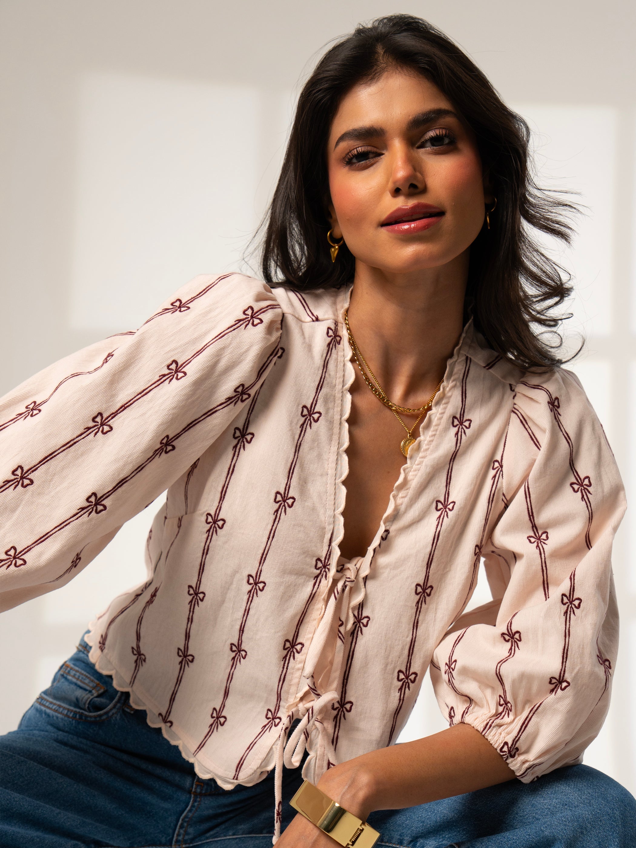 Beatrix Pink Cord Embroidered Shirt