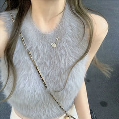 Sexy Faux Fur Crop Tops Women Vintage Y2k Clothes Knitted Tank Top Sleeveless Pulovers Club Party Outfits Korean Fashion New