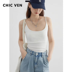 CHIC VEN Women's Camis New U Neck Sleeveless Knitted Solid Female Tank Woman Top Bottom Spring Summer 2024