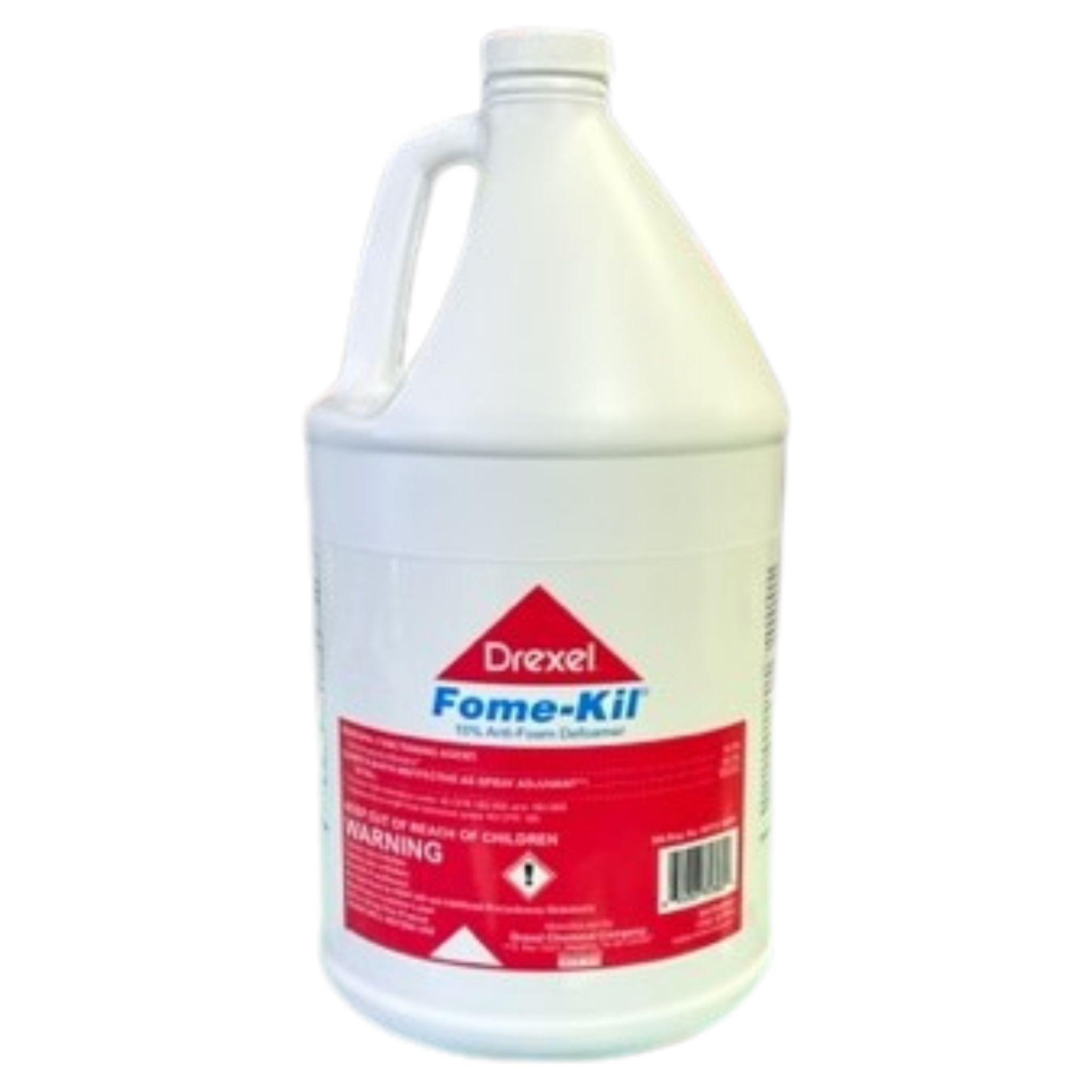 A white jug of Drexel Fome-Kil with a red and white label on a white background