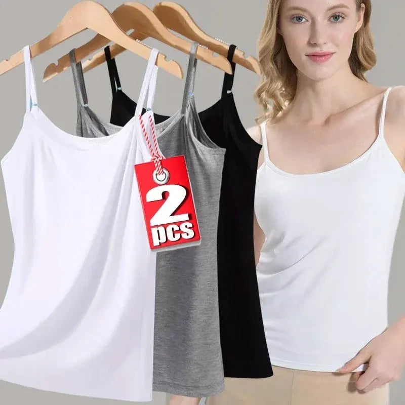 Women's Solid Color Spaghetti Straps Sleeveless Slim Camisole with Chest Pad Cotton Summer Wear Outside Female Short Tops Vests