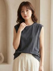 Women's Tank Top 2026 Summer Cotton O-Neck Sleeveless Vest Solid Color Ribbed Cuff Loose Casual Versatile Solid Color Camisole