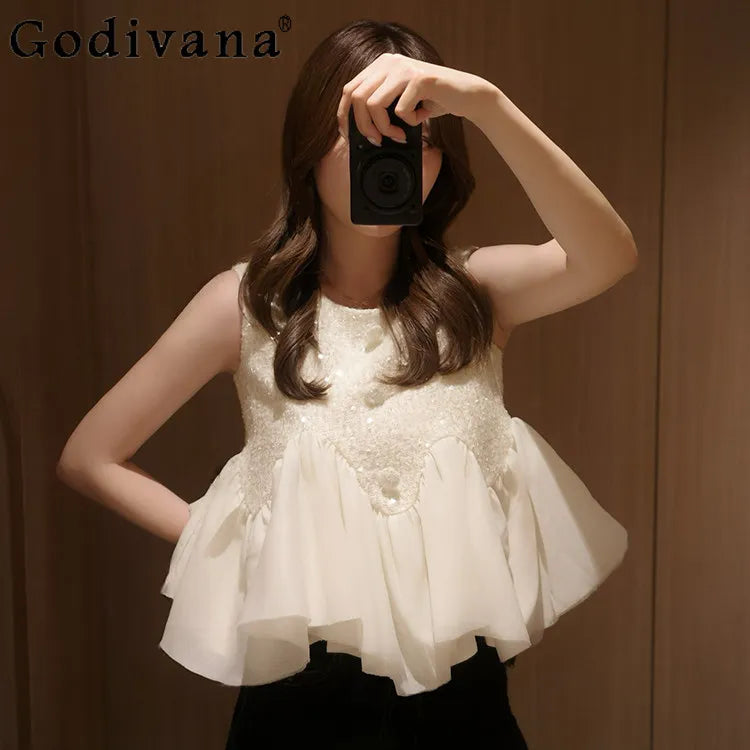 French Elegance Sequined Ruffled Splicing Women's Top Summer New 2026 Lady Japanese Style Fashion Casual Sleeveless Top Camis