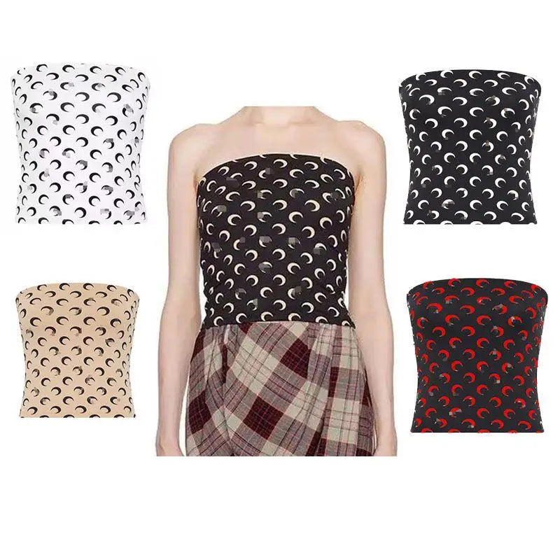 New Fashion Moon Print Sexy Short Crop Top Women's Summer Korean Style Leisure Streetwear Sweet Strapless Slim Fit Blouse