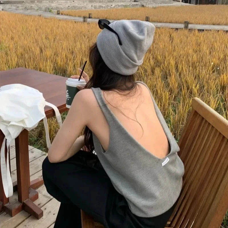 Camis Women Solid Backless Casual Baggy Spicy Cozy Female Tanks Summer Cozy Sleeveless Streetwear Korean Vintage Hipster Tees