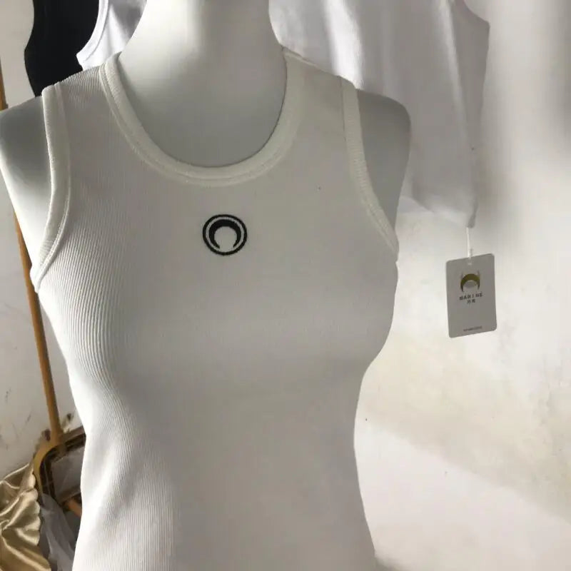 High Street Tank Top Sleeveless Women Moon Embroidery Korean Style Cotton Slim Fit Versatile Bottom Strap Tops