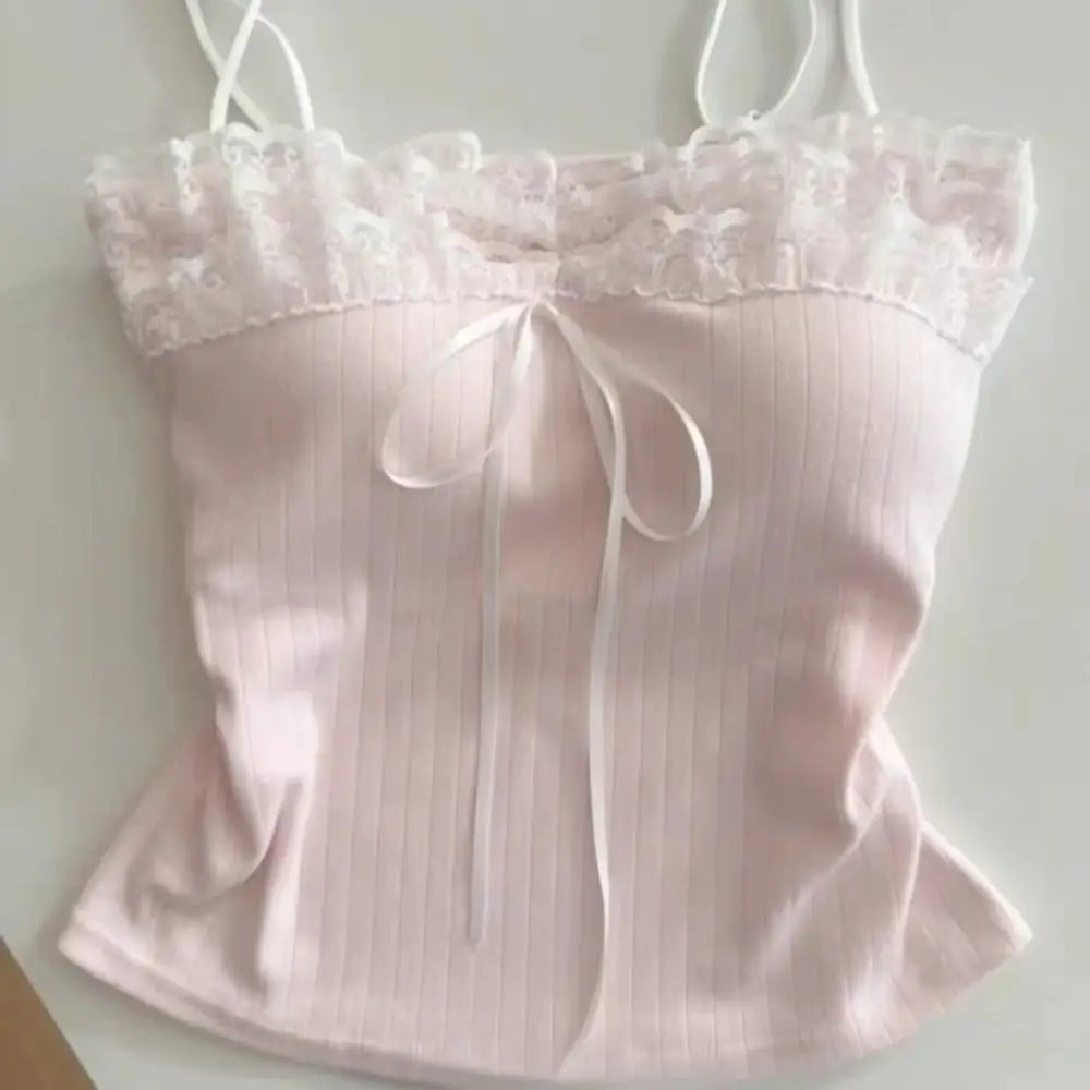 Fashion Bow Slim Lace Crop Top Sweet Summer Girl's Vest Top Bottoming Shirt Spice Girls Style Camisole with Pads Women