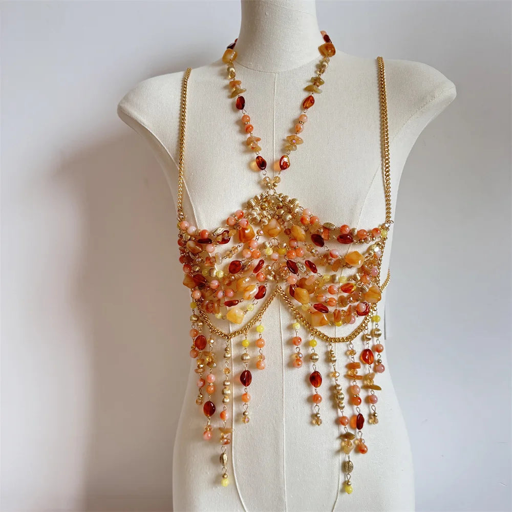 Women Tops Beaded Bralette Festival Vest Club Bikini Bra Top Pearl Female Bustier Beachwear Lingerie Woman Rave Clothing Tanks