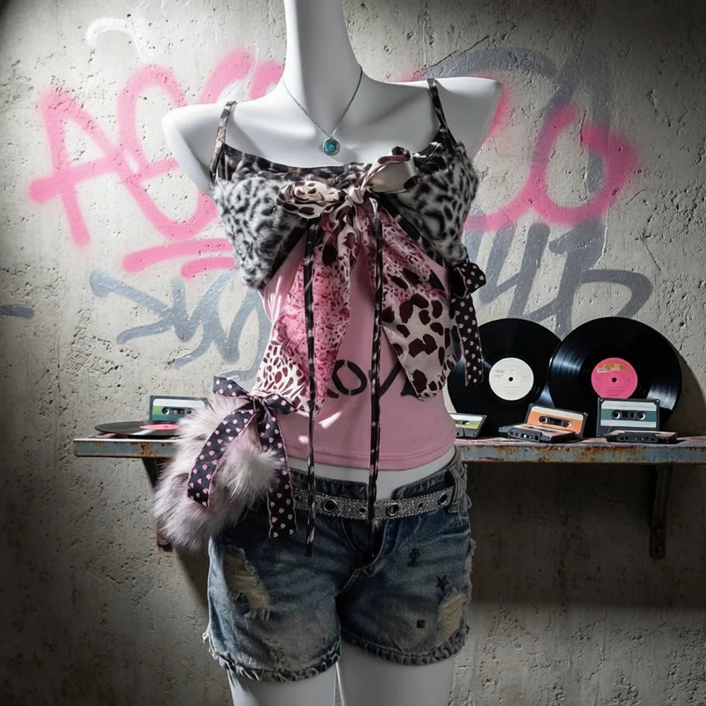 American Harajuku Hottie Camisole Subculture Leopard Patchwork Bow Halter Vest Y2K Aesthetic Letter Print Tanks Women's Slim Top