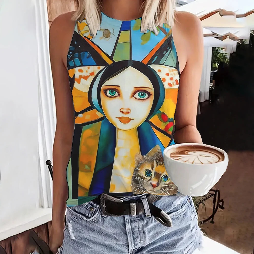 Summer Funny Face Cat 3D Print Tank Tops Women Fashion Streetwear Oversized O-Neck Vest Off Shoulder Sleeveless Woman Camisole